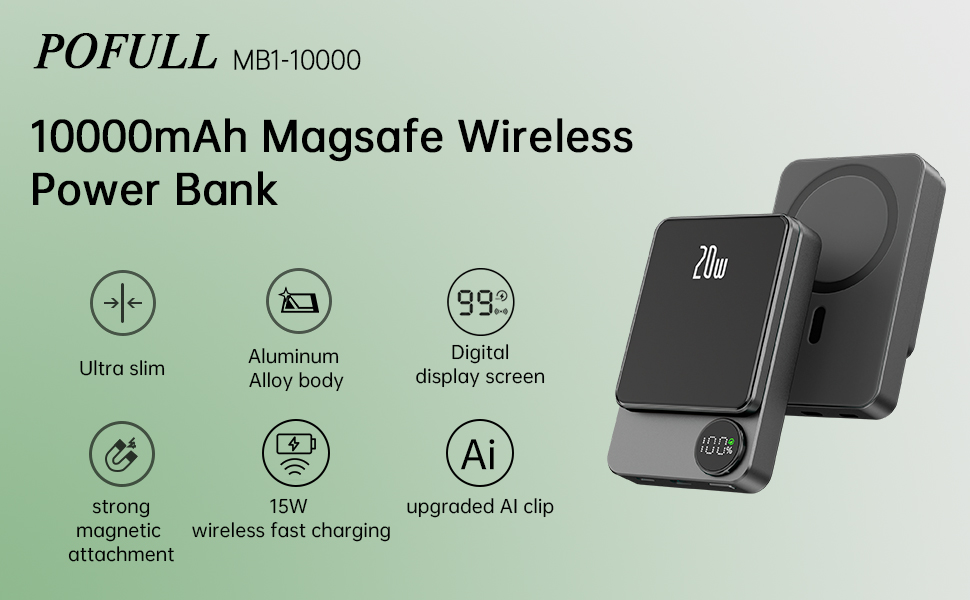 POFULL Wireless Power Bank 5000mAh, Battery Pack 20W Fast Charging Compatible with Mag