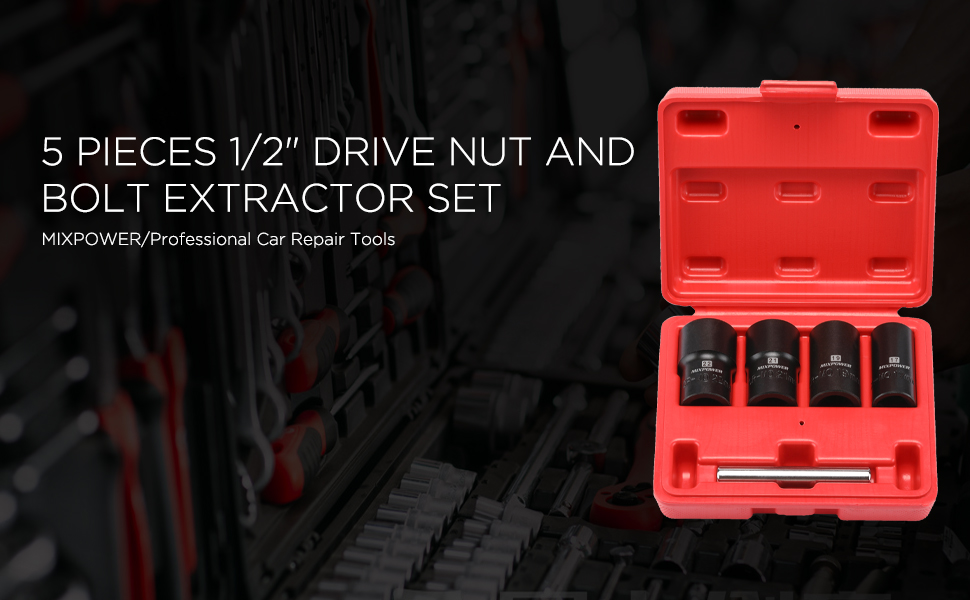 MIXPOWER 5 Pieces 1/2" Drive Nut and Bolt Extractor Set, Lug Nut