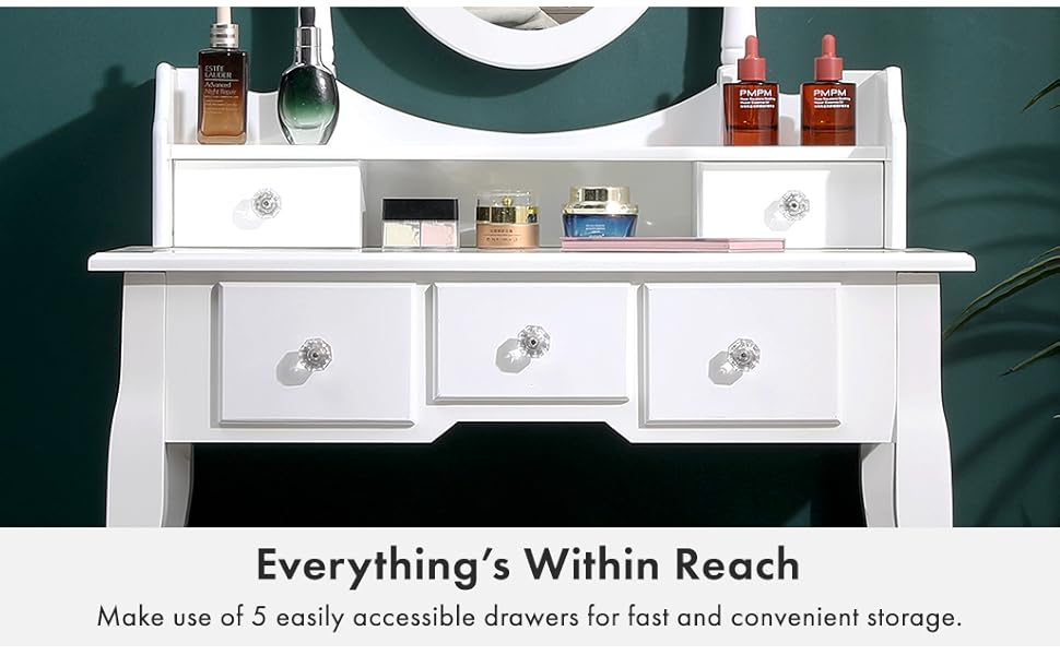 AVC Designs White Dressing Table, Oval Mirror & Stool Set (5 Drawer