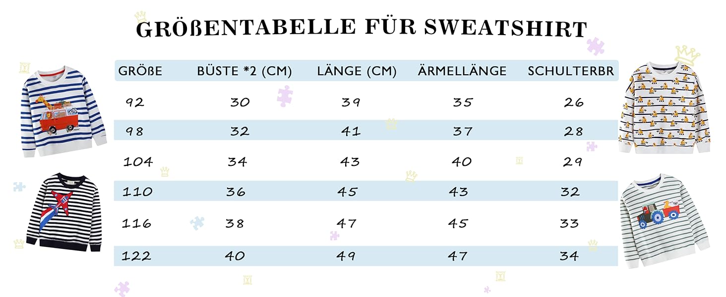 Der Text lautet „Größentabelle FÜR SWEATSHIRT“. Die Größentabelle zeigt die Maße für Sweatshirts mit den Spalten Größe (size), BUSTE, LÄNGE, ÄRMELLÄNGE und SCHULTERN mit den entsprechenden Maßen.