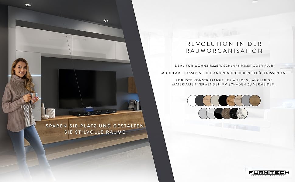 Modern living room with wall-mounted TV and wooden cabinet. Woman holding mug stands nearby. Image split diagonally with text and color swatches on right side.