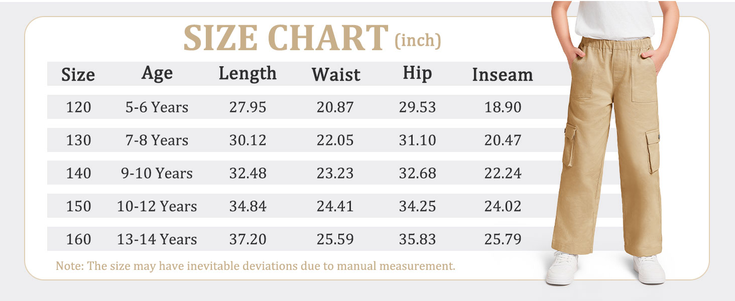 Girls Cargo Pants Drawstring High Elastic Waist Kids Straight Wide Leg Twill Trousers with Pockets