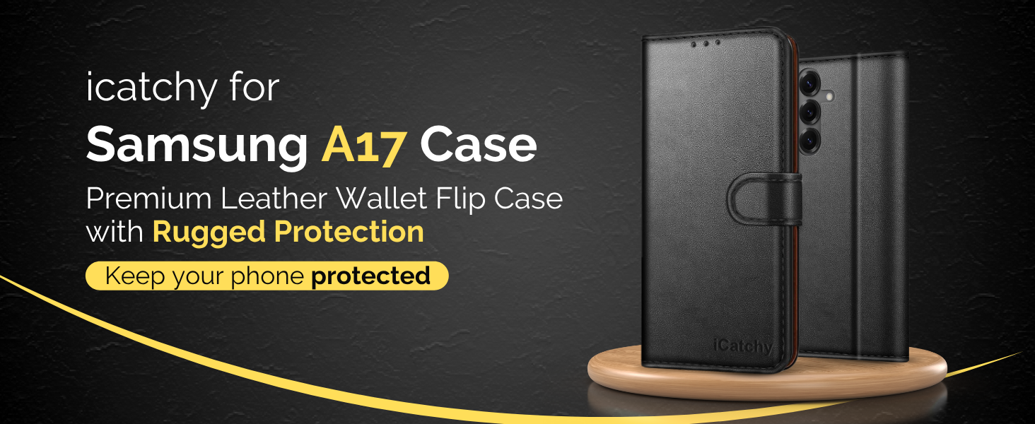 Text reads 'iCatchy for Samsung A17 Case' and 'Premium Leather Wallet Flip Case with Rugged Protection'. Product shown is a phone case with card slots.