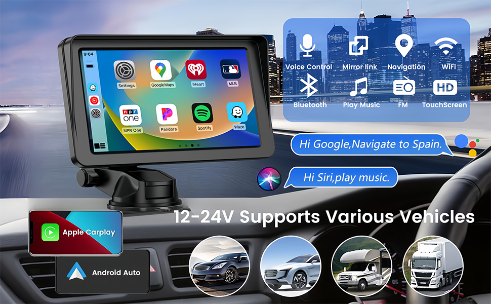 Portable Wireless Apple Carplay with Backup Camera, 7 Inch