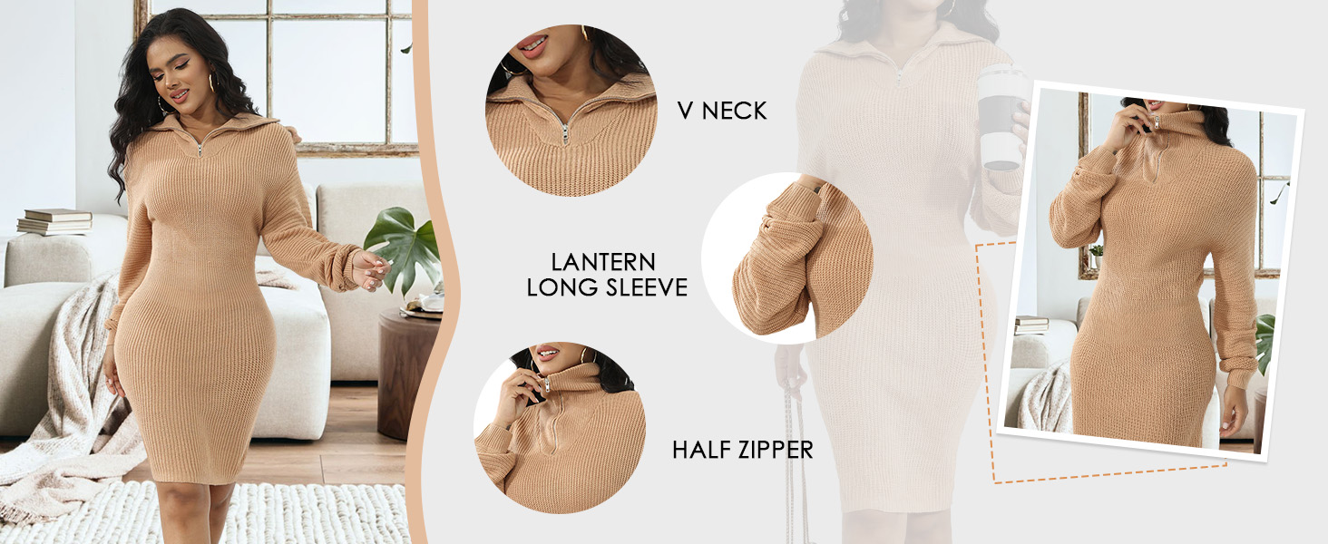 Features -Long Sleeve, Classic Half Zip V Neck, Bodycon,Ribbed Knit, Dressy Casual