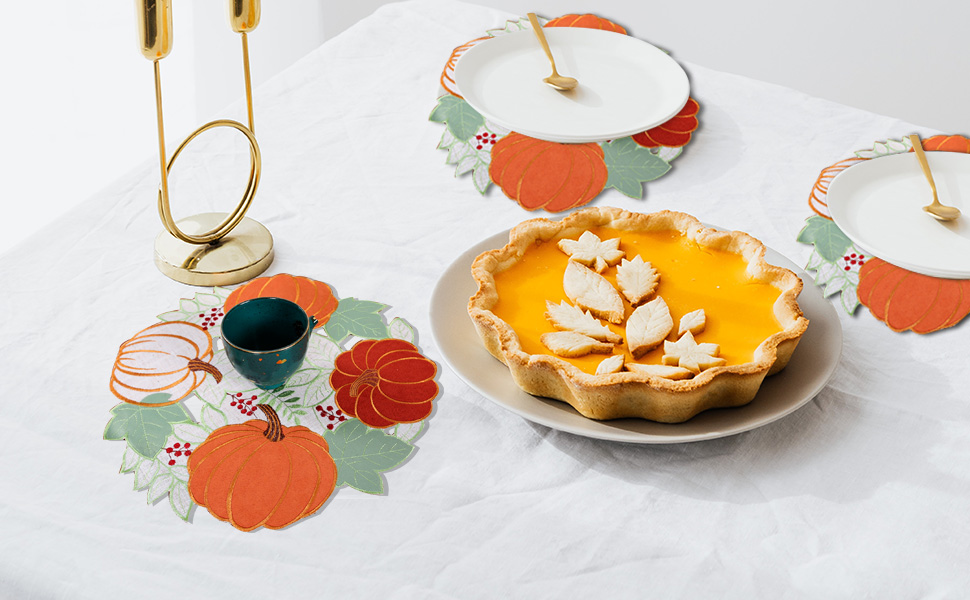 Fall Placemat Orange Pumpkin Embroidered Rectangle Set of 4