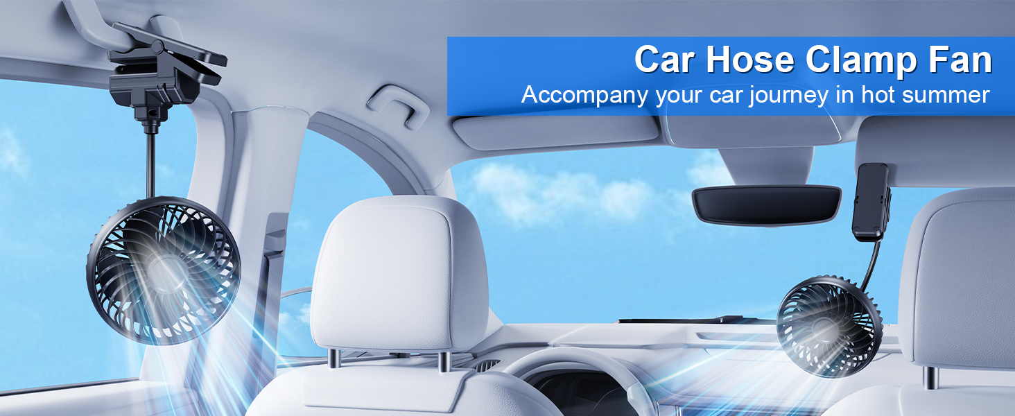 Car Clip on Fan, Long Hose 5V 2000mAh Rechargeable