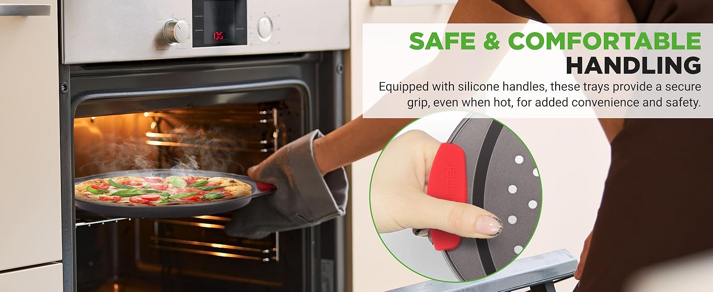 NutriChef 3-Piece Nonstick Bakeware Set - Premium Carbon Steel Oven Baking Trays W/Blue Silicone Handles - Small, Medium & Large Cookie Sheet Pans - PFOS, PFOA, PTFE-Free, Easy To Clean