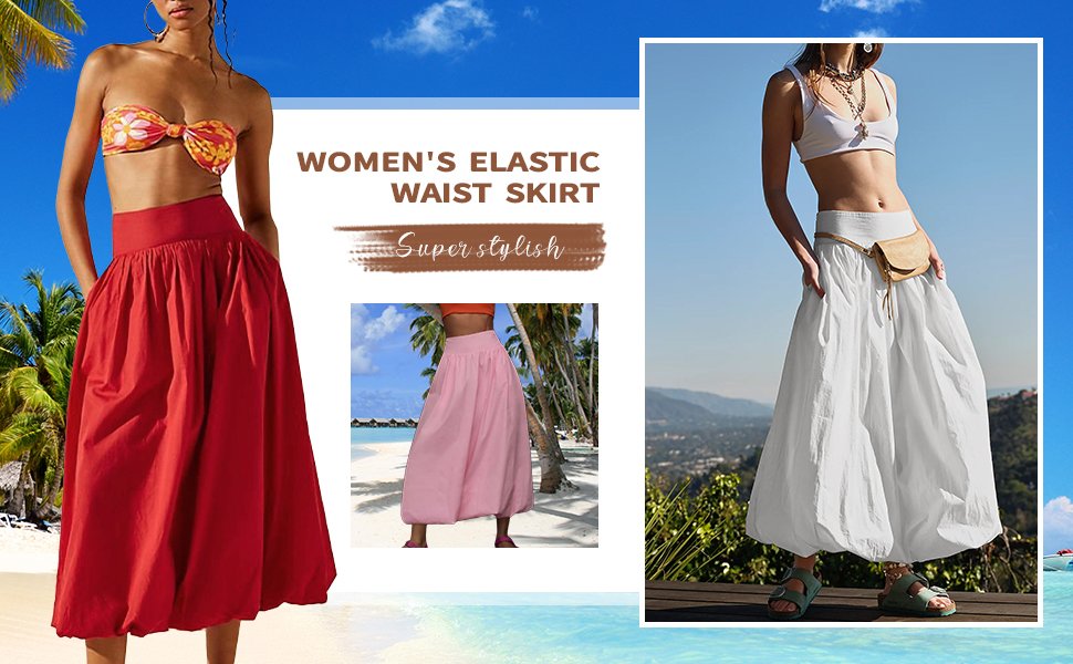 Acrawnni Women Y2k Bubble Maxi Skirt Low Elastic Waist Ruffle Pleated A-line Long Skirts Summer Beach Loose Fit Cute Puffball Balloon Skirt 12 Women Y2k Bubble Maxi Skirt