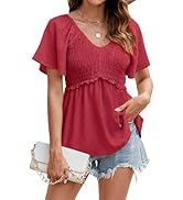HEYTALALA Women's Summer Peplum Tops Ruffle Trim Short Sleeve Casual V Neck Smocked Blouses Dress...