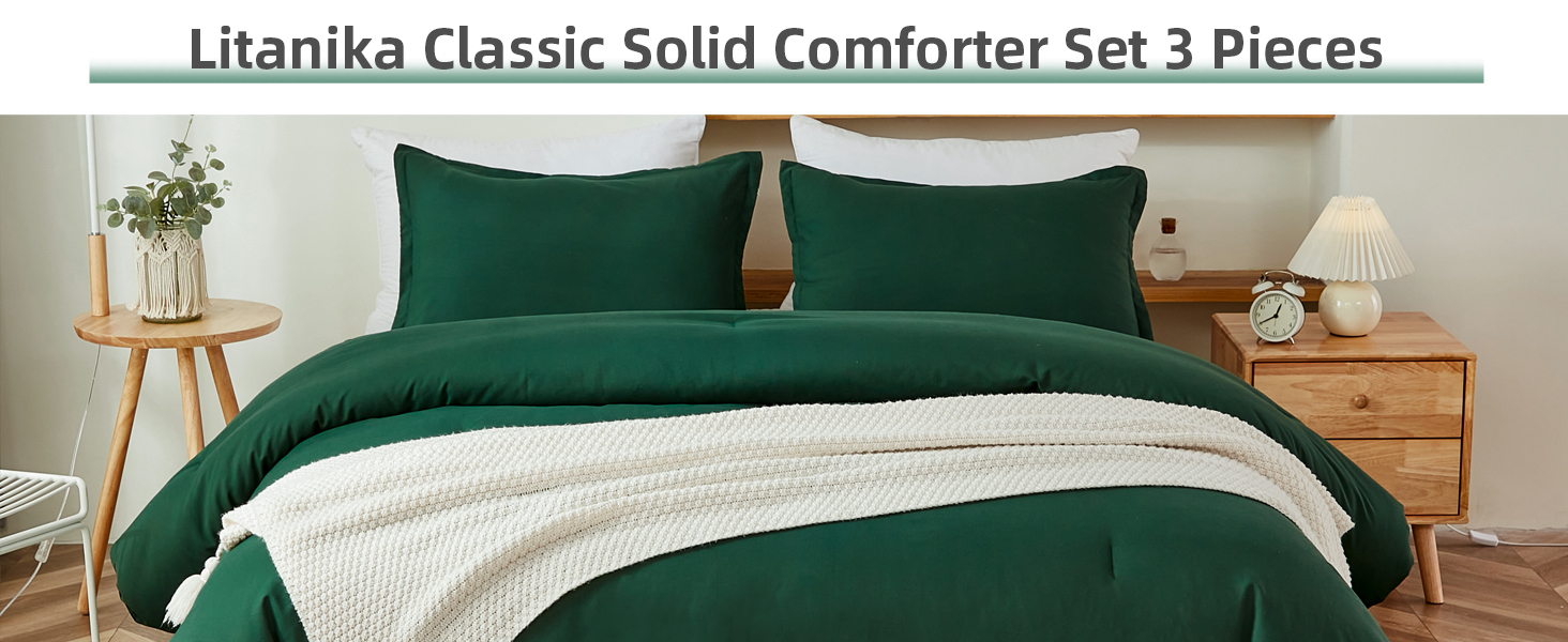 Litanika Dark Emerald Green Full Comforter Set, 3 Pieces Boho Vintage Solid Forest