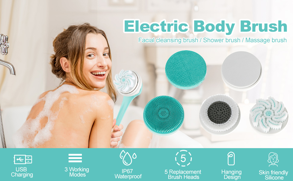 Electric Body Brush, 5 in 1 Body Brush with 3 Speeds Silicone Body Scrubber USB Rechargeable