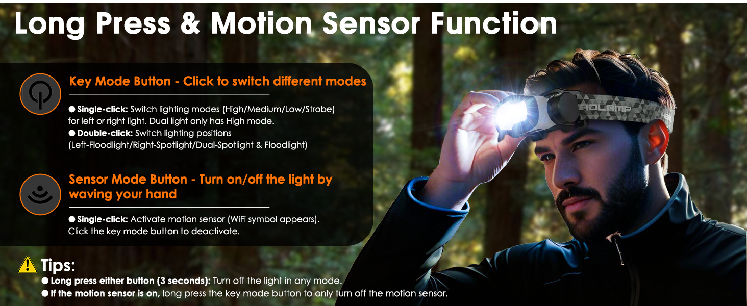 Long Press & Motion Sensor Function of Head Light Flashlight