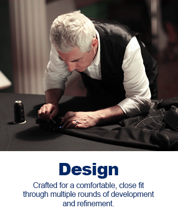 Text reads 'Design' and 'Crafted for a comfortable, close fit through multiple rounds of development and refinement'. Close-up image showing detailed craftwork on dark fabric.