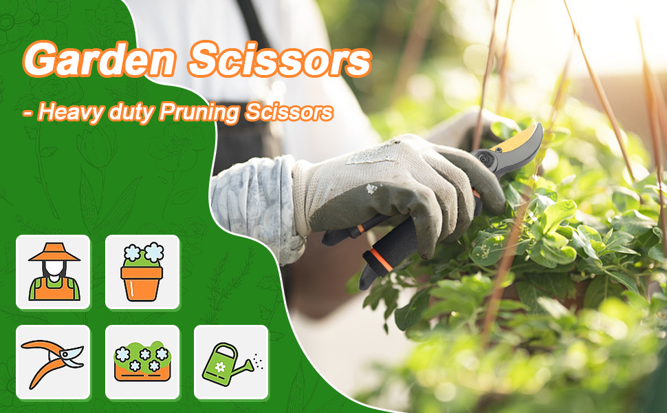 Heavy duty garden pruning scissors in use, showing gloved hands trimming green plants. Product icons indicate gardening and pruning functions.
