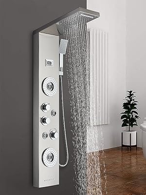SUGUWORD Shower Panel Tower With 6 Functions Rainfall And Waterfall Shower Back Massage Jets Temperature Display Hand Shower And Bathtub Spout Wall Mounted Shower System Brushed Nickel Stainless Steel 10 B09Y5TH7X7