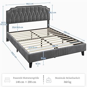 Gray upholstered bed frame with tufted headboard and wooden slats. Diagram shows dimensions: 200cm length, 146.5cm width, 112cm headboard height.