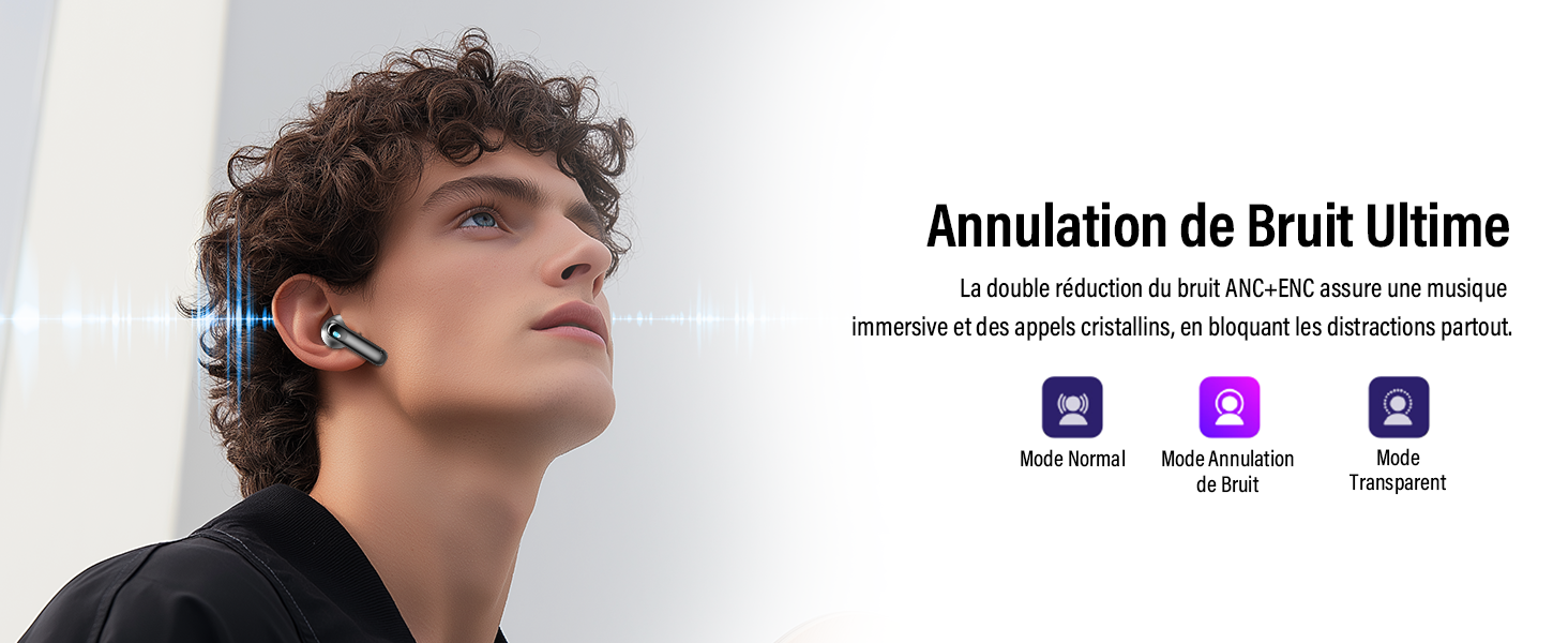 Le texte se lit comme suit : « Annulation du Bruit Ultime ». Image marketing illustrant un concept de technologie antibruit avec un minimum d'éléments de conception.