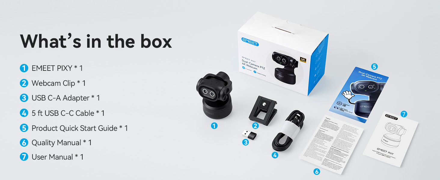 What's in the box EMEET PIXY Dual-Camera AI-Powered PTZ Camera 4K