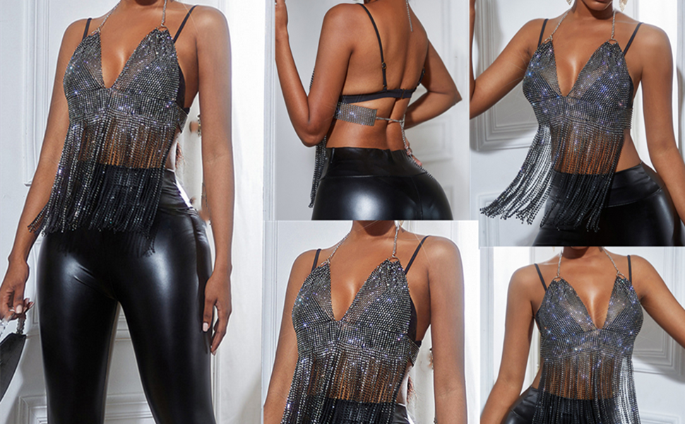 Women Sexy Mesh Rhinestone Crop Top Sparkly Glitter Halter