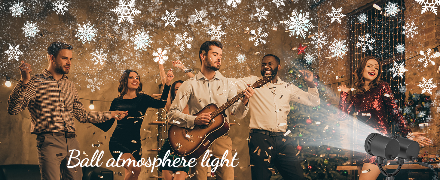 Party atmosphere lighting effect demonstration with snowflake projections in indoor setting with musical instruments.