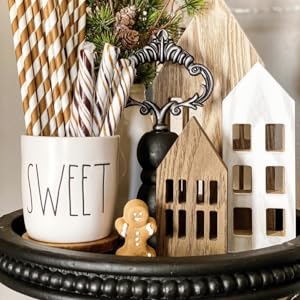 modern black beaded 2-tiered wood tray kitchen shelf with wooden house and clay mug decor