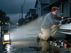 Series of low-light images showing water spray or mist effects in dark environments, appearing to demonstrate waterproof or water-resistant capabilities of a device.