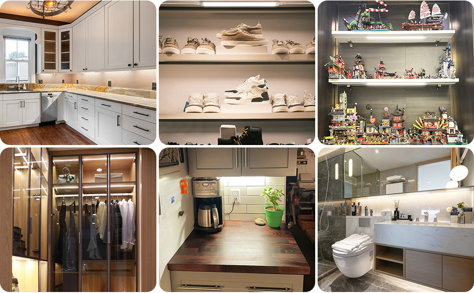 Collage aus sechs Innenarchitekturbildern, die verschiedene Räume wie Küche, Regale, Schrankraum und Badezimmer zeigen und den Schwerpunkt auf Stauraum- und Organisationslösungen legen
