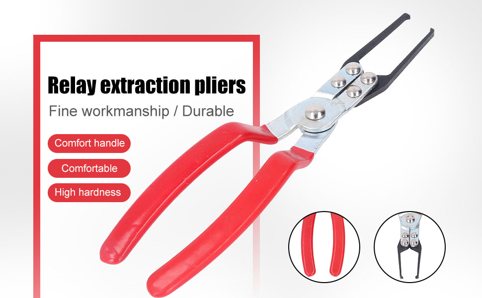 Red-handled relay extraction pliers with silver tips. Text highlights features: 'Fine workmanship', 'Durable', 'Comfort handle', 'Comfortable', and 'High hardness'.