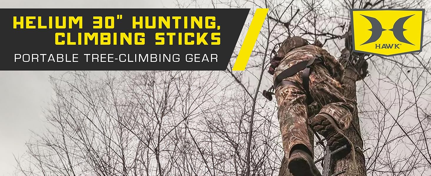 Helium 30" Hunting Climbing Sticks with camouflaged hunter ascending a tree.