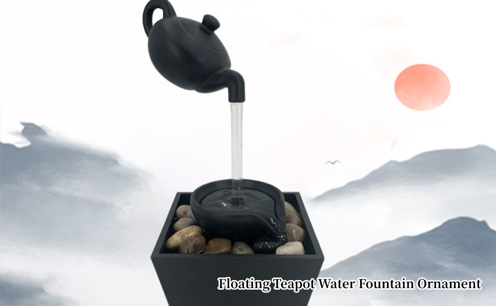 Floating Teapot Water Fountain, USB 5V Battery Powered Tabletop Fountain with LED