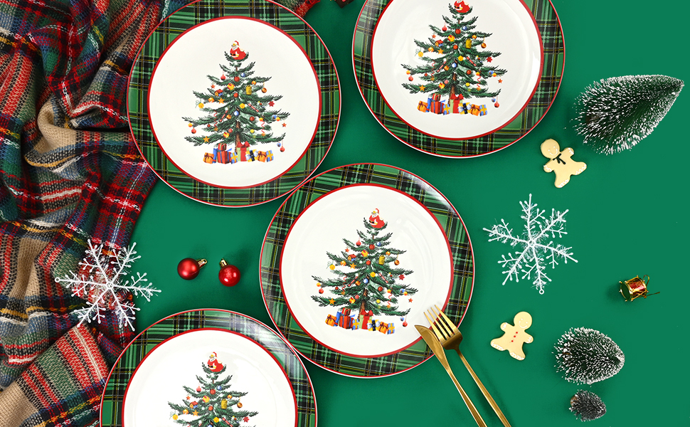 Homlouue Christmas Tree Dinner Plates, Christmas Plates Set of 4, Ceramic Christmas