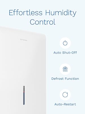 front view of a white dehumidifier with words Auto Shut-Off Defrost Function and Auto-Restart