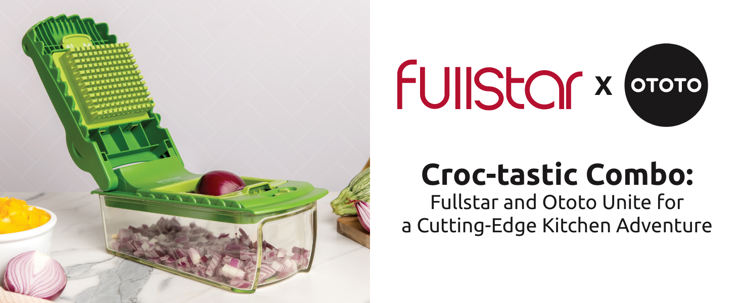 Croc, the veggie chopper, features interchangeable razor-sharp blades and an ergonomic handle.