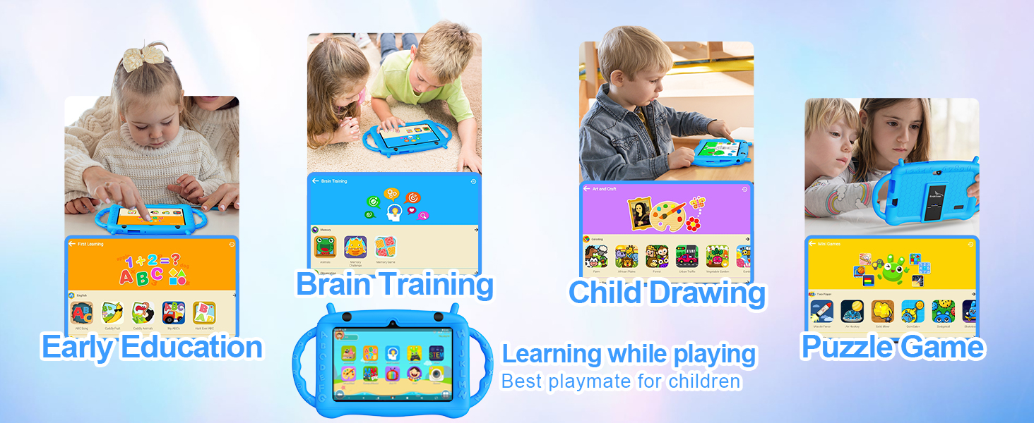 Four images of children using a blue tablet device for educational activities, including drawing and puzzle games.