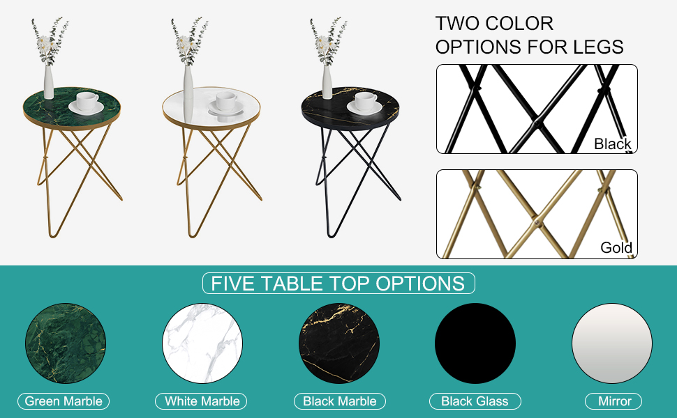 Modern Round Side Table, End Table with Marble Effect Top and Gold Metal Frame