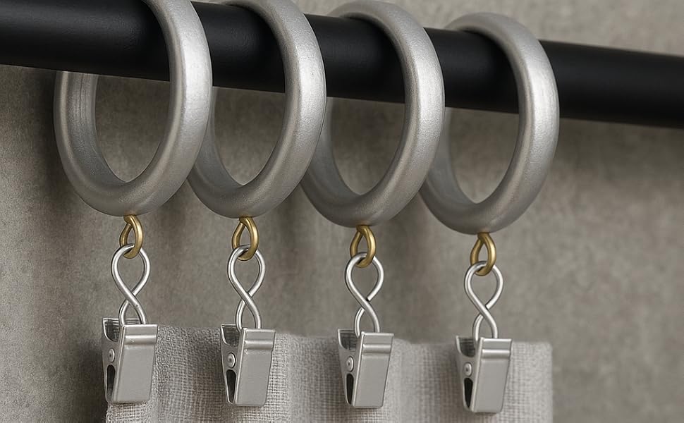 silver wooden curtain rings with clips