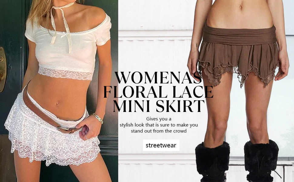 Acrawnni Women's Floral Lace Mini Skirt Y2k Low Rise Layered Ruffled Hem Pleated A Line Short Skirt Fairycore Skirt Streetwear 13 Women Floral Lace Mini Skirt