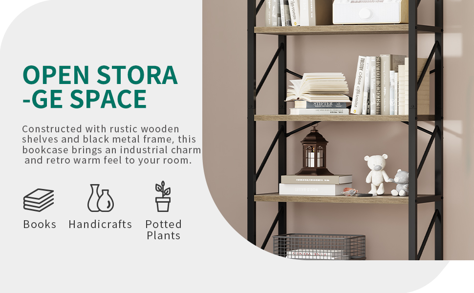 YITAHOME Bookcase 5 Tiers, Floor Standing Book Shelf, Wooden Shelf and