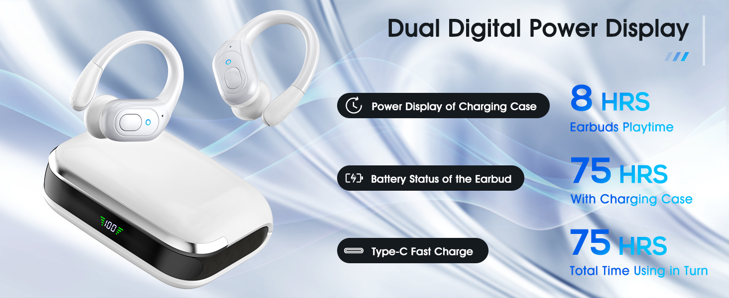 Bluetooth Headphones Wireless Earbuds with 75Hrs Playback, LED Display Charging Case, IPX7 Waterproof, Over-Ear Design Ear Buds for Sports/Running/Workout - White 4 Digital power display device showing three charging status indicators with 8 HRS and 7.5 HRS durations, featuring white earbuds and a portable charging case.