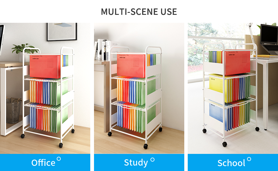 PUNCIA 3 Tiers Metal Rolling File Carts with Wheels Hanging Files for Letter Size