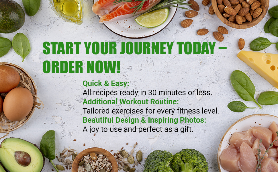 Low carb cookbook, high protein recipes, 30-minute meals, fitness routine, healthy eating, gift idea
