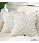 decorUhome Decorative Cream White Throw Pillow Covers 18x18 Set of 2 with Splicing, Boho Soft Cor...