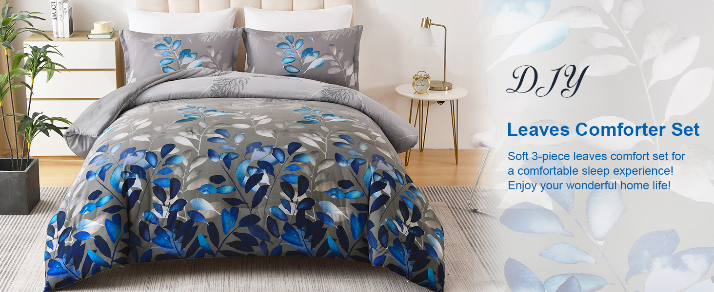 Dark Grey Comforter Set Queen Blue Botanical Leaves Comforter 3 Pieces Floral Bedding Sets