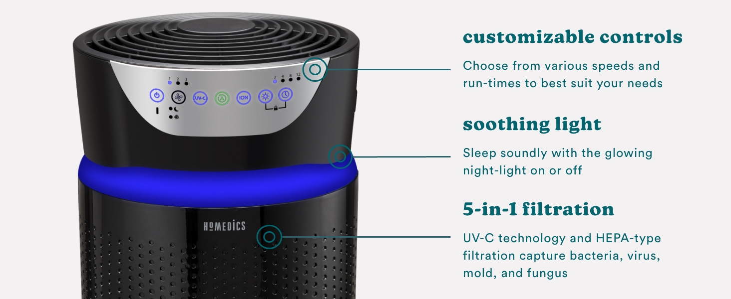 tower air purifier custom features and setting control buttons