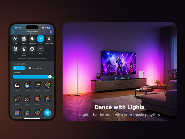 Text reads 'Dance with Lights'. Smartphone app interface controlling smart LED lights, showing purple and pink ambient lighting effects in room setting.