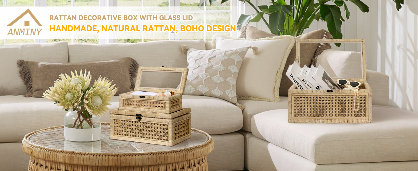 boho decorative boxes home decor wicker basket lid rattan decor keepsake trunk glass display box