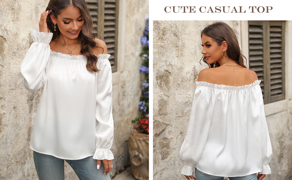 SITELUOYG Womens Off Shoulder Satin Silk Ruffle Blouses Long
