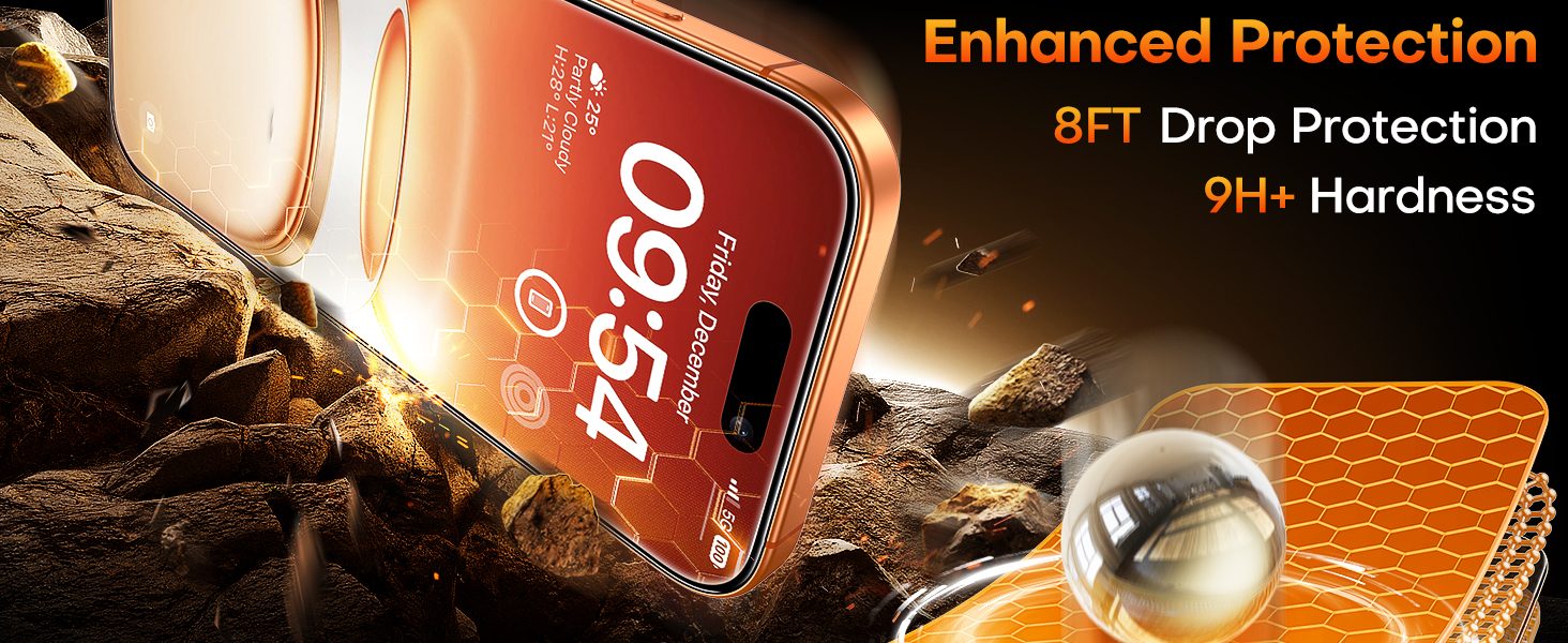 Text reads 'IFT Drop Protection' and 'Hardness.' Product packaging or promotional material showing red and orange gradient design elements.