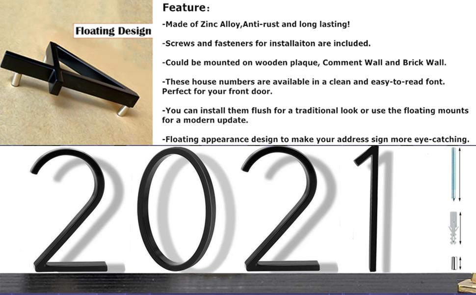 Modern House Numbers,Go Ho 5 Inch Floating House Numbers for Outside,Bright Black Zinc Alloy